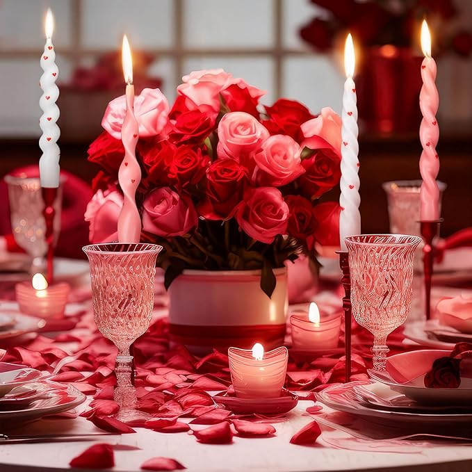 Nuanchu 4 Pcs Twisted Taper Candles Wax Unscented Smokeless Spiral Swirl Candlesticks for Wedding Holiday Dinner Party Home Decorations(7.87 Inch,Heart,Pink White)