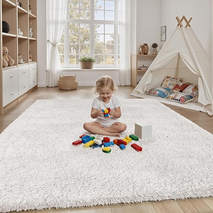 Area Rug for Living Room Bedroom: 5x7 White Soft Fluffy Shag Upgrade Non-Slip High Pile Carpet Large Fuzzy Plush Indoor Floor Decor Shaggy Rug for Kid Boys Girls Dorms Playroom Nursery Modern Home