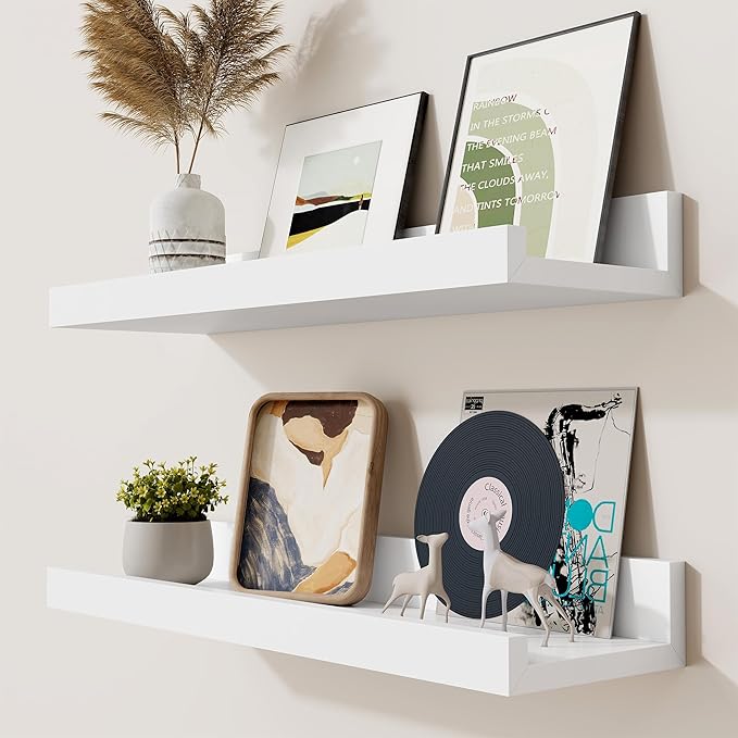 Heimlove Picture Ledge Shelf, Small Floating Shelves Set of 2, 16 Inches Picture Shelf for Wall with Ledge, Kids Bookshelf Wall Mounted for Living Room Bedroom Decor，White