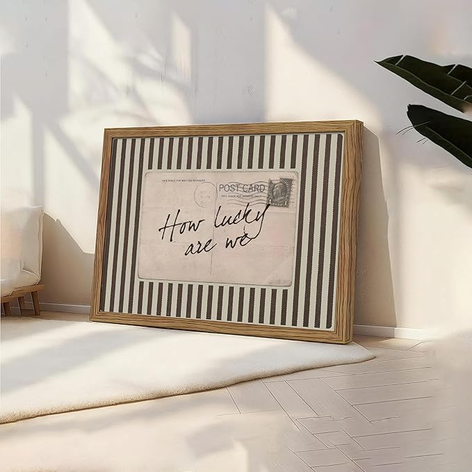 Framed How Lucky Are We Wall Art, Vintage Preppy Inspirational Canvas Wall Decor Painting, Funky Stripe Postcard Quote Poster Print Picture for Bedroom Dorm Apartment Decor 12x16 Inch