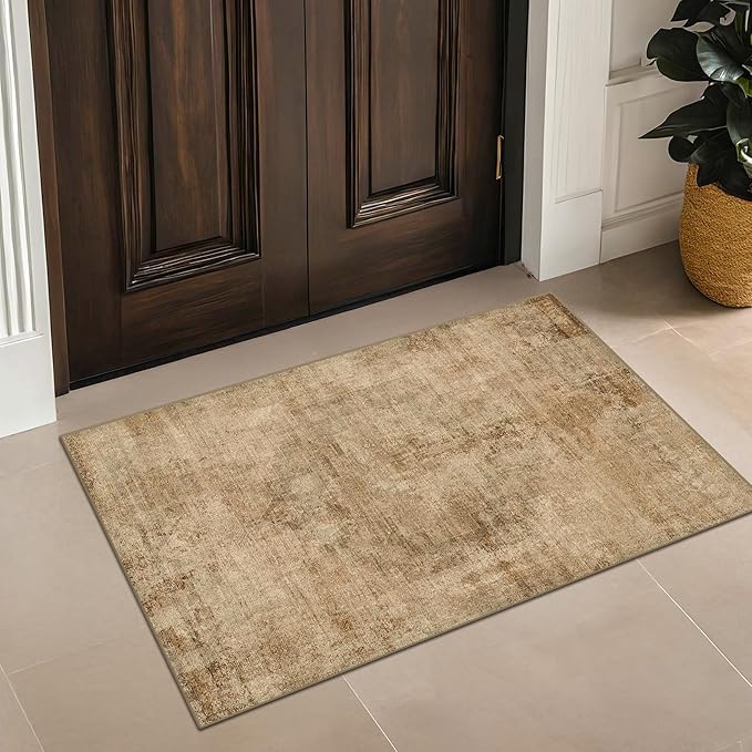 Washable 2x3 Small Entryway Rugs Indoor, Gold and Brown Area Rug for Kitchen, Bathroom, Farmhouse Medallion Indoor Décor, Non Slip Low Pile Stain Resistant Carpet