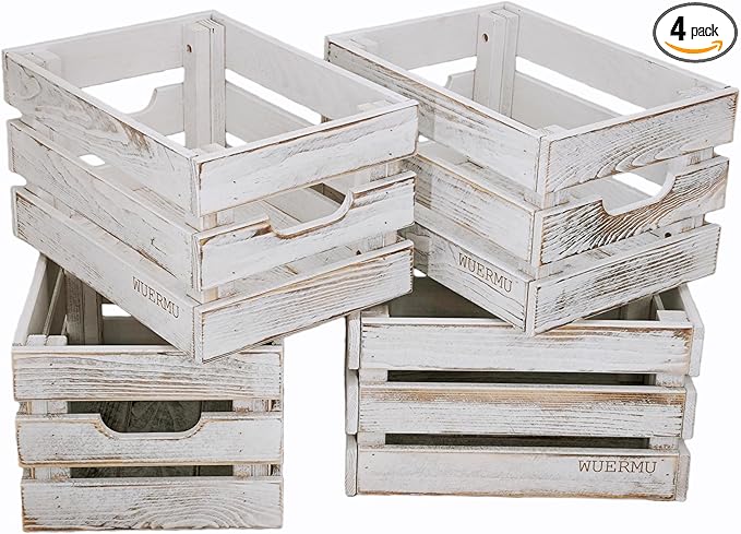 White Wooden Crates, Set of 4 for Storage, Milk Crate, Wine Box, Festival Decorations, and Camping, 12.2 Inch Multi-Purpose Sturdy Wood Boxes.