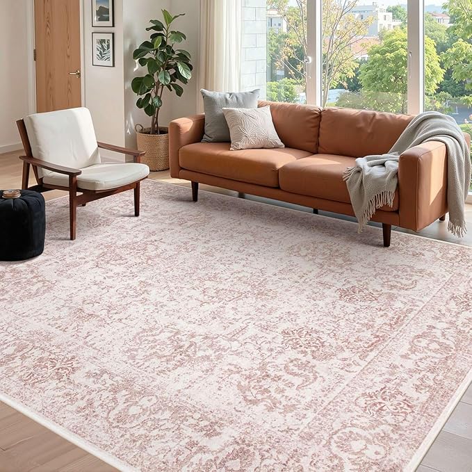 Rugxara 5x7 Washable Area Rug for Living Room & Bedroom, Large Light Pink Rugs for Women, Non Slip, Durable Low Pile Carpet, Vintage Carpets for Office, Dining Room, Kids Room and Farmhouse