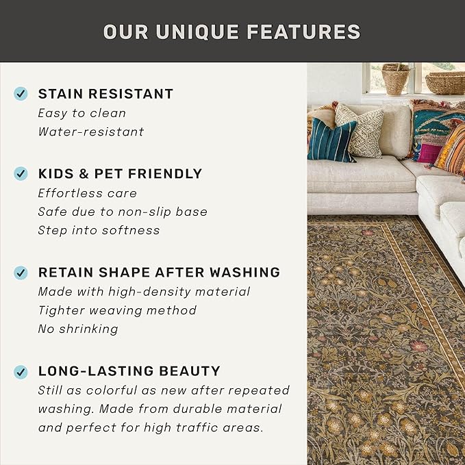 Washable Living Room Rug 6x9 - Brown Oriental Area Rug for Bedroom, Dining Room Rug for Under Table, Low Pile Non-Slip Floor Carpet for Home Office, Study Room - Vintage Design & Stain Resistance