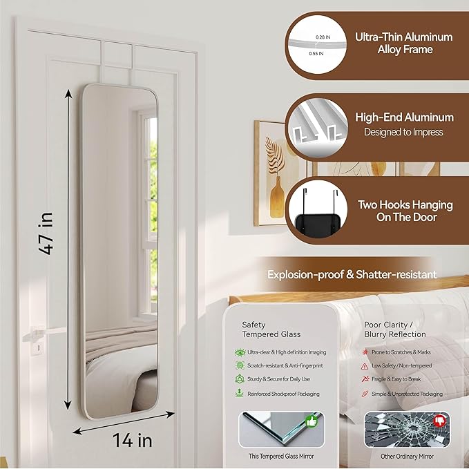NARCISSUS 47x14 Mirror Door Hanging Full Length,Over Door or Wall Mounted Aluminum Alloy Frame Tempered Glass Rectangle Full Body Mirrors for Bedroom Dressing Living Room Bathroom 47 inch Silver