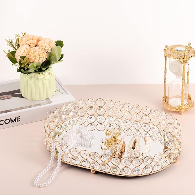 Feyarl Crystal Perfume Tray Vanity Makeup Organizer Ornate Jewelry Trinket Cosmetic Tools Decorative Skin Care Storage for Home Deco Dresser Bathroom Countertop (Oval 12" x 9") (Gold)