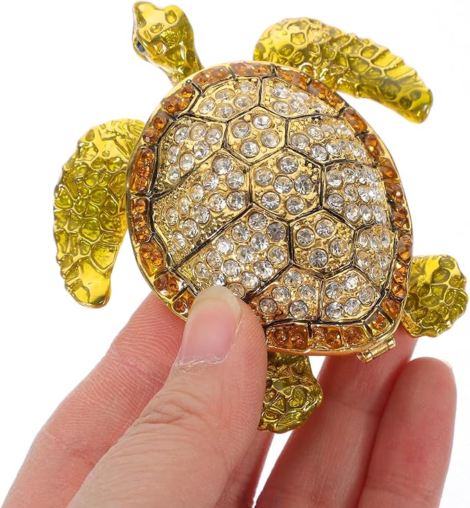 NOLITOY Turtle Jewelry Storage Box with Tin Alloy and Embedded Crystals, Multifunctional Desktop Jewelry Organizer and Cosmetics Holder for Home Decor
