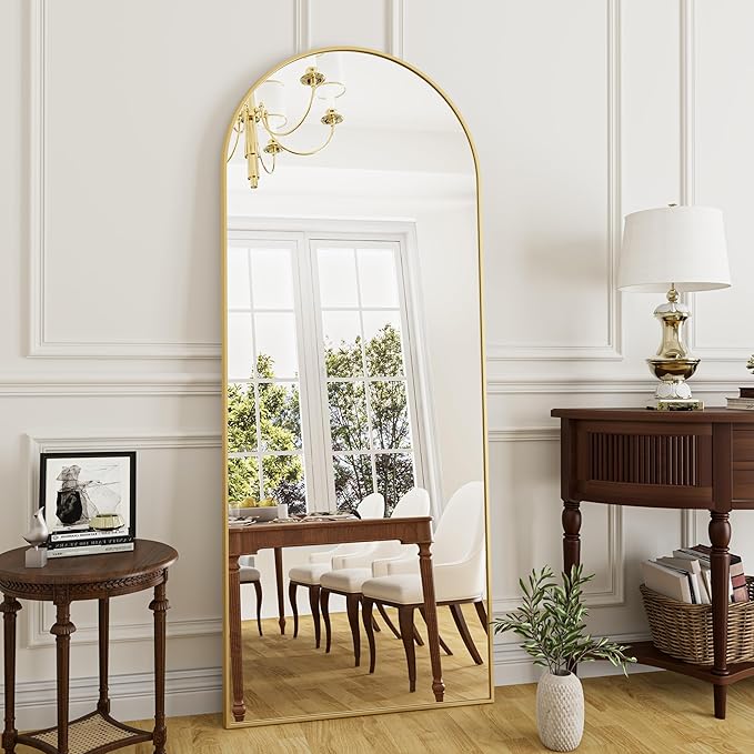 Rowjut Full Length Mirror Arched Floor Length Mirrors, 71"x26" Large Full Body & with Stand&Arch Wall Mounted &Standing Mirror for Bedroom Living Room, Aluminum Frame, Gold