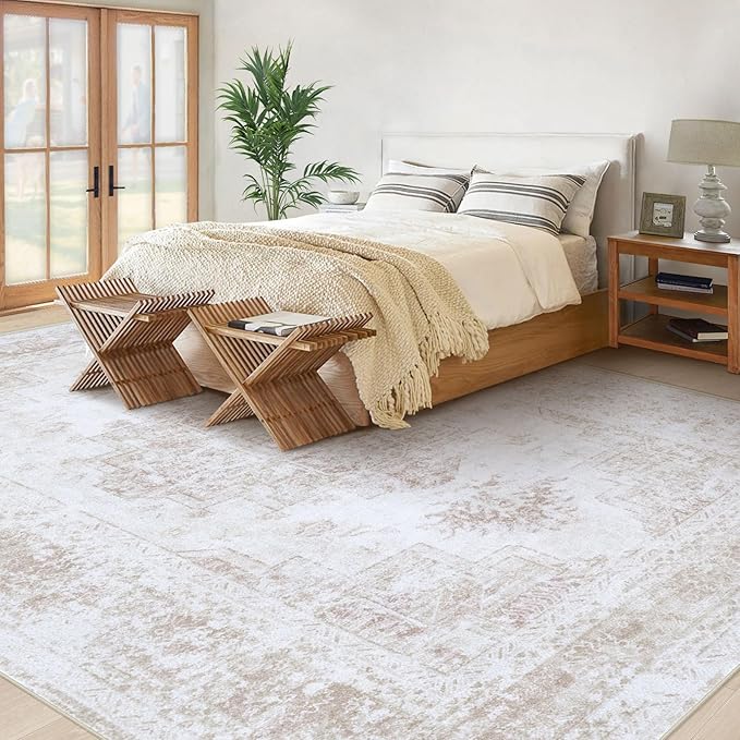 XLUEZ Area Rug 10x12 Living Room Rug, Machine Washable Vintage Distressed Medallion Rug Non-Slip Soft Low Pile Large Indoor Rugs for Bedroom Kitchen Dining Room Office(Beige,10'x12')