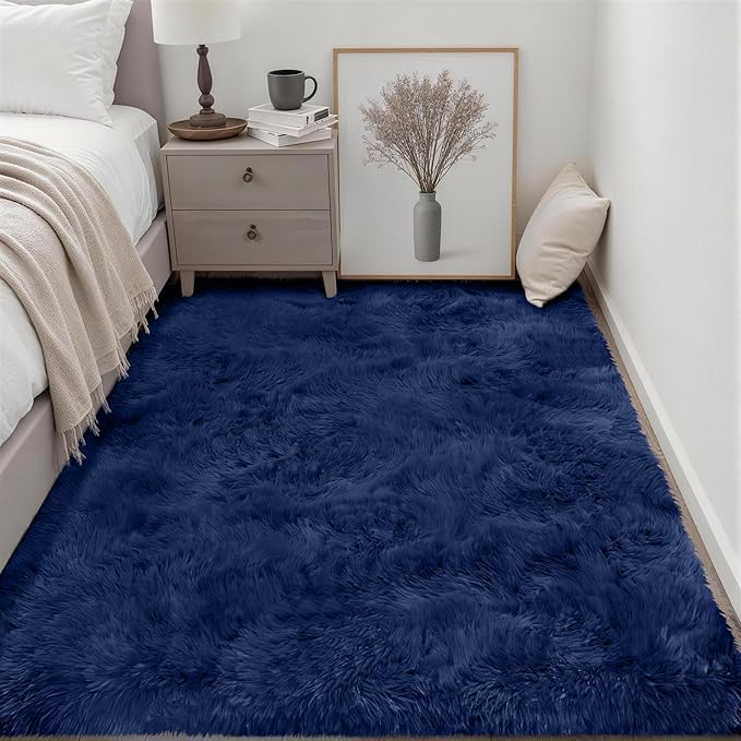 Fluffy 4x6 Area Rugs for Living Room Bedroom: Ultra Soft Shag Rug Non-Slip Non-Shedding Small Plush Bedside Rug Indoor Floor Carpets for Kids Room Playroom Entryway Nursery Dorms Home Decor Blue