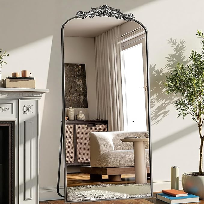 Dewfig Arched Full Length Mirror, 71"x32" Full Body Mirrors with Carved, Floor Mirror for HomeDecor, Standing/Halling Large Wall Mirror for Bedroom, Living Room, Cloakroom, Black, Retro Style