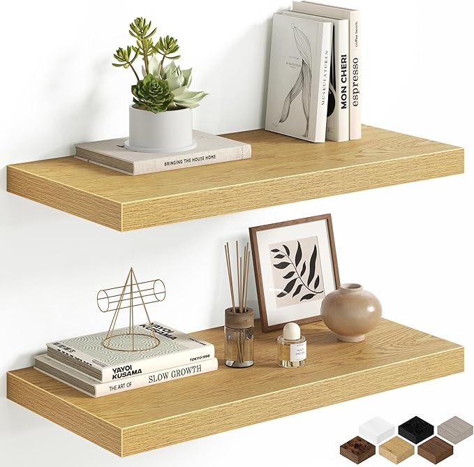 Floating Shelves for Wall, 24 Inch Floating Shelves Set of 2, Wall Mounted Rustic Wood Shelf for Bathroom, Living Room, Bedroom and Kitchen, Hanging Shelf for Storage, Books, Home Decor, Oak