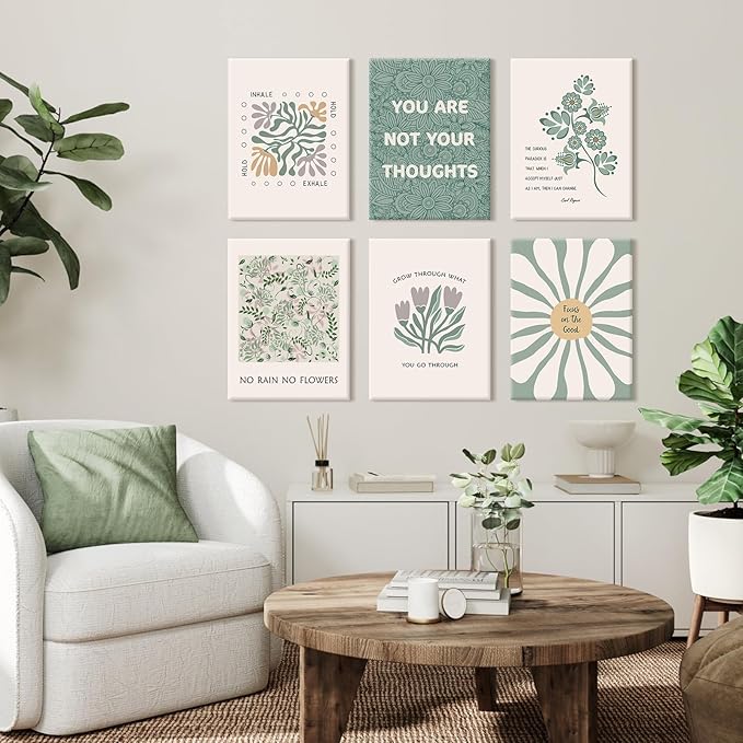 Mental Health Wall Art Therapy Office Canvas Wall Decor Green Motivational Posters Prints Boho Inspirational Quote Pictures Positive Psychology Artwork for Classroom 8x10 Inch Wrapped Canvas 6Pcs