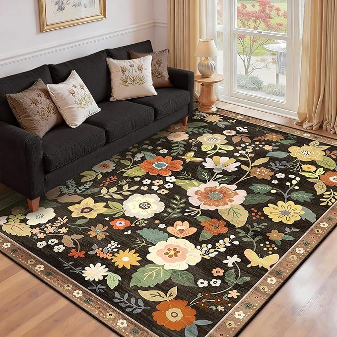 RELEANY Floral Nursery 9x12 Area Rugs Washable Print Boho Cute Carpet Non Slip Flower Low Pile for Living Room Kids Girls Playroom Bedroom Kitchen Office Farmhouse-Black/Yellow/Red