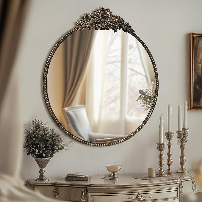 Vintage Round Mirror, 28" Baroque Style Circular Mirror, Antique Metal Frame Wall Mirror, Traditional Art Home Decor for Dressing Table, Bathroom or Bedroom,Retro Black
