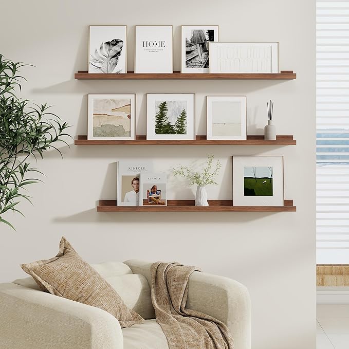 Fun Memories Picture Ledge Shelf, Floating Shelves Set of 4, 24 Inch Picture Shelves for Wall with Ledge, Large Nursery Book Shelf for Toys Storage, Living Room, Bedroom Decor Frames, Walnut