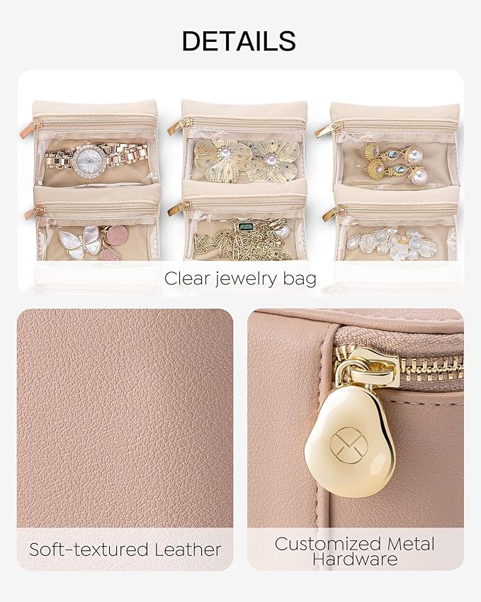 Vlando Jewelry Travel Case,Travel Jewelry Organizer with Clear Velvet Jewelry Bags 6Pcs Zipper Pouch for Women Gift Ideas for Birthday Wedding Graduation-Khaki