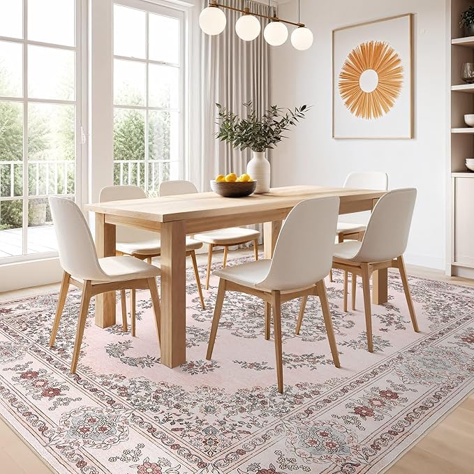 Nakagishi 10x14 Area Rugs Living Room: Washable Boho Large Neutral Modern Soft Farmhouse Rug Stain Resistant Indoor Non-Slip Carpet for Bedroom Girls Nursery Kids Playroom Dorm Preppy Baby Room- Pink