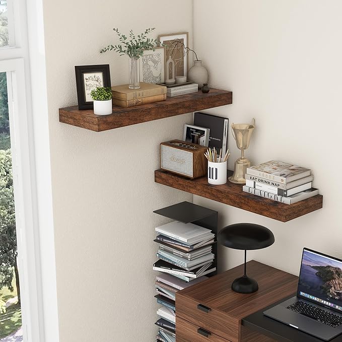 FLYJOE Deep Floating Shelves | 36 Inch Brown Floating Shelves Set of 2 | 12 Inch Deep Rustic Wood Shelves for Wall | 36" W x 12" D Brown Shelves for Living Room Bathroom Laundry Room Kitchen