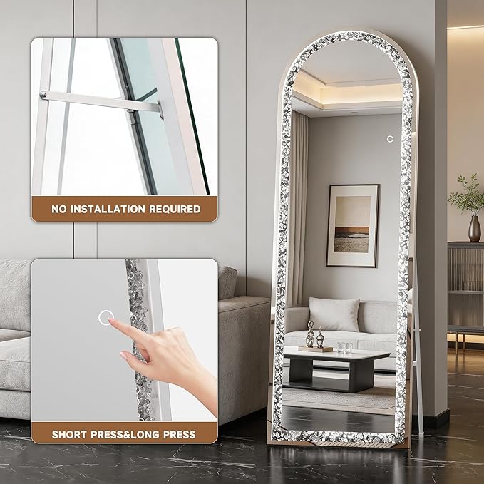 55"×20" Full-Length Mirror with Lights- Arch Crystal Crush Diamond Wall Mounted Hanging Diamond Mirror Leaning for Living Room Bedroom