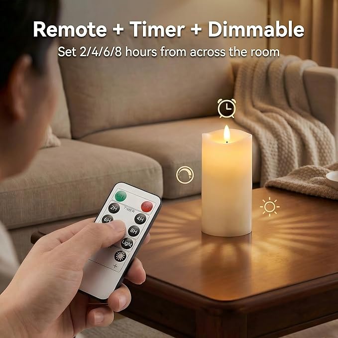 3x6 Inch Flameless Candles with Remote, Real Wax LED Pillar Candles Battery Operated, Flickering Fake Candles for Valentines Day Decorations, Home Decor, Wedding Decor
