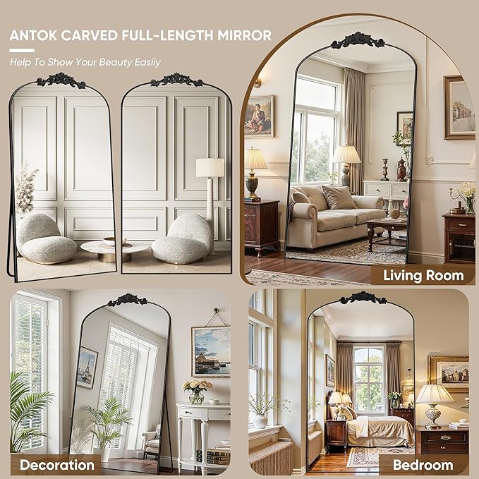Antok Arched Full Length Mirror, 72"x44" Floor Mirror with Carved, Full Body Mirrors for HomeDecor, Standing/Halling Large Wall Mirror for Bedroom, Living Room, Cloakroom, Black, Retro Style