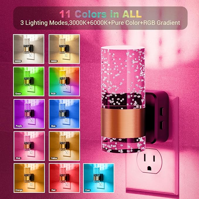 JandCase Night Lights Plug into Wall,1 Pack Color Changing Night Light for Kids with 1 Remote Control, 3000K+RGB LED Nightlight with Light Sensor, 10/50/100LM Adjustable for Rooms Home Decor