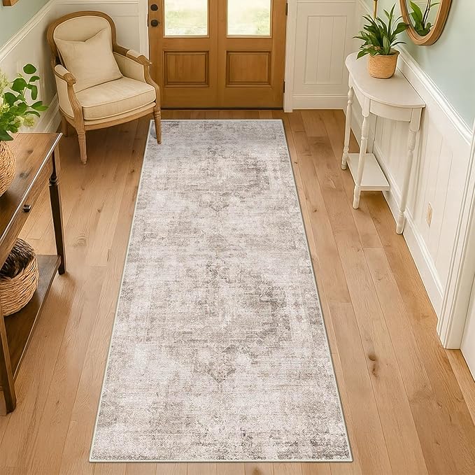 Hazo Haus 2x6 Washable Bathroom Runner Rug, Non Slip Low Pile Runner with Rubber Backing for Hallway, Kitchen and Entryway, Beige Tan Modern Farmhouse Home Decor