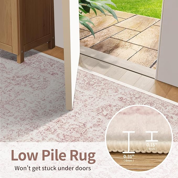 Rugxara 2'6" x 8' Hallway Runner Rug, Non Slip Boho Runner Rugs for Hallway, Kitchen, Entrance, Bathroom, Laundry Room, Soft Ultra-Thin Entryway Carpet, Throw Low Pile Retro Carpet, Pink