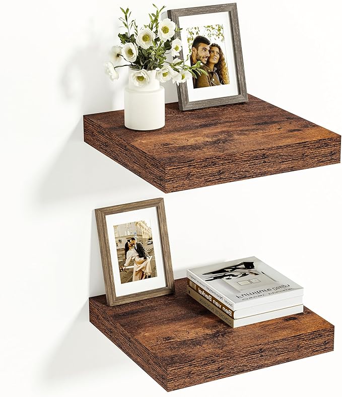 Vivelove 12x12 Floating Shelves for Wall, 12" Deep Shelves with Invisible Brackets, for Living Room Bedroom Bathroom, Farmhouse Rustic Shelves Home Decor, Set of 2, Rustic Brown