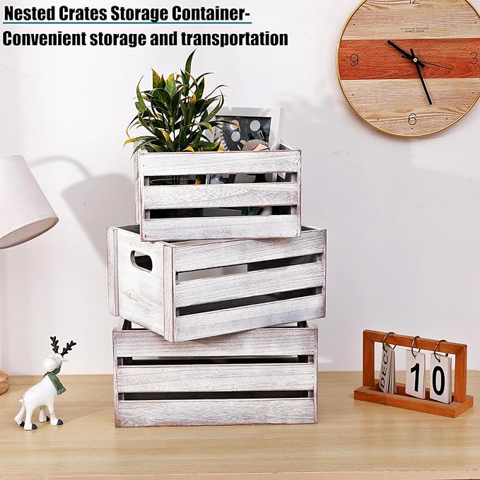 Storage Crates 3 Pcs Wooden Crates Decorative Boxes,Nesting Storage Container Rustic White,Boxes for Storage, Display,Decor