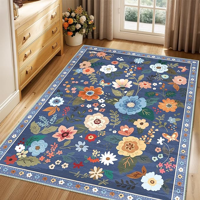 RELEANY Floral Nursery 4x6 Area Rugs Washable Print Boho Cute Carpet Non Slip Flower Low Pile for Living Room Kids Girls Playroom Bedroom Kitchen Office Farmhouse-Blue/Grey