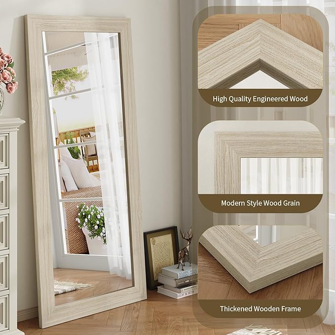 Syndra Modern Full Length Mirror Wood Frame, 65x24'' Large Floor Mirror with HD Tempered Glass & Wall Mount Option, Rectangular Standing Mirror for Bedroom, Living Room, Entryway, Farmhouse(White Oak)