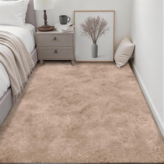 6x9 Area Rugs for Living Room Bedroom: Ultra Soft Fluffy Shag Rug Upgrade Non-Slip Non-Shedding Large Fuzzy Plush Carpet Indoor Floor Carpets for Kids Room Playroom Nursery Dorms Home Decor Beige