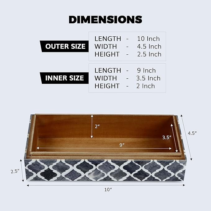 Handicrafts Home Decorative Storage Box with Lid, Moroccan Coffee Table Storage Box Organizer, Wooden Keepsake Jewelry Box, Decorative Desk Console Storage Box, Gray, 10 x 4.5 x 2.5