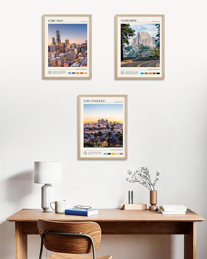 HesenDot Natural OAK Wood Los Angeles Cityscape Framed Wall Art,12x16in City Skyline Canvas Wall Print,Modern Urban Landmark Wall Decor for Living Room,Bedroom,Office Gallery Gifts Set of 1
