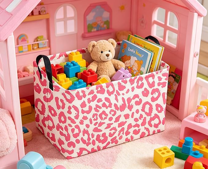 Sanjiaofeng Rectangular Kids Baskets,Leopard Print Basket,Pink Storage Basket with Handles,Waterproof Collapsible Storage Bin for Kids,Kid Room Decor,Books Box,Gift Basket(Leopard Print)
