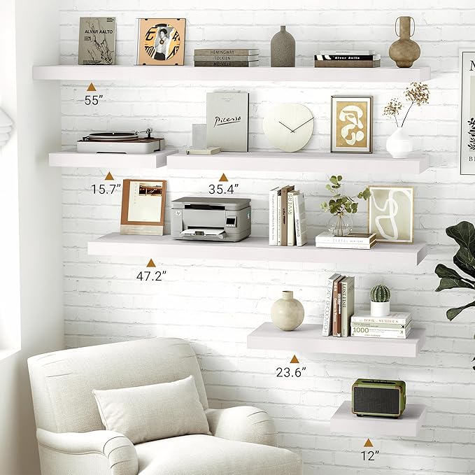 Vivelove White Floating Shelves 12 Inches Deep, [Wood Grain Texture] 24x12 Floating Shelves for Wall with Invisible Brackets, Room Shelves for Living Room Bedroom Bathroom Kitchen Office, Set of 2