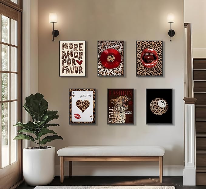 6pcs Fashion Leopard Wall Art Prints Leopard Lucky 8 Ball Poster Ace of Hearts, Spades Poker Canvas Prints Vintage Preppy Room Aesthetic Cheetah Wall Decor for Teen Girls Bedroom Dorm Apartment Living Room Decor Unframed