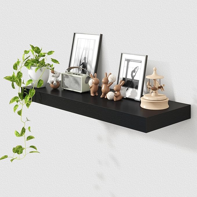 FLYJOE 12 Inch Deep Floating Shelves | 36 Inch Black Floating Shelves | 36" W x 12" D Rustic Wood Shelves for Wall | Deep Black Shelves for Living Room Bathroom Laundry Room Kitchen