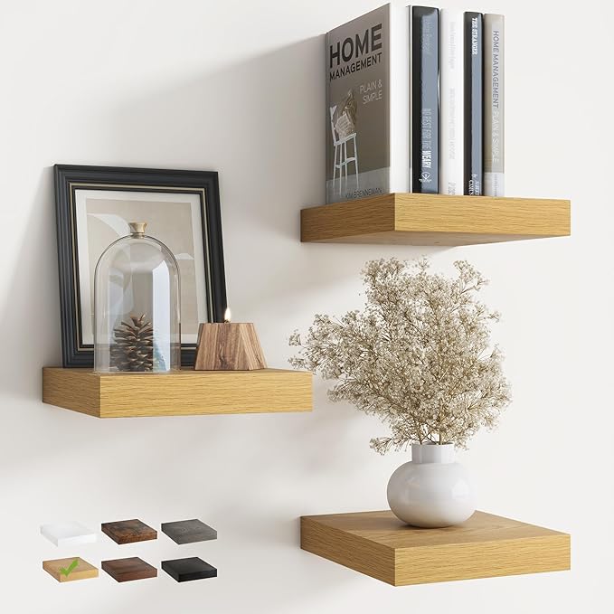 8 Inch Floating Shelves for Wall with Invisible Brackets Set of 3, 8"D Engineered Wood Wall Shelves with Wood Grain for Living Room, Bedroom, Bathroom, Kitchen Decor and Storage, Oak Finish