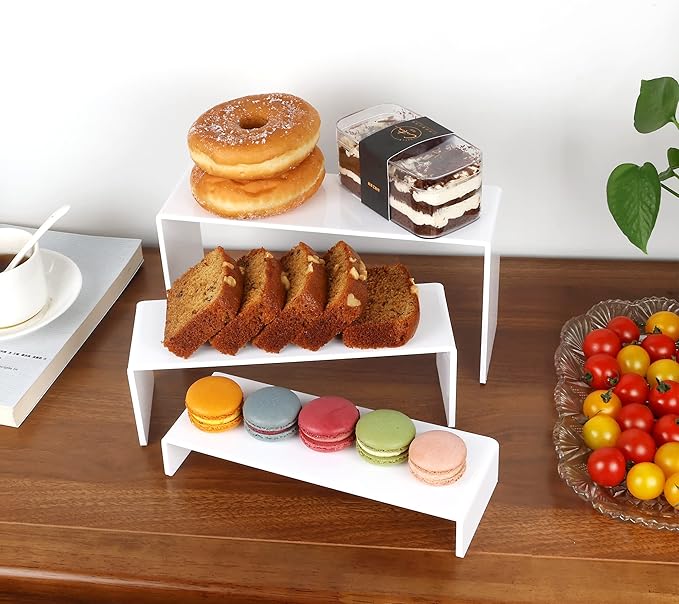 ELEGANTLIFE Acrylic Display Risers Set of 4, 4-Level Tiered Countertop Display Stands for Cupcakes, Mini Desserts, Jewelry, Cosmetics, Small Figures & Collectibles, White
