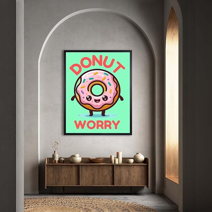 InkFlow Posters Donut Worry Poster - Smiling Donut Illustration - Playful Cartoon Food Art - Kids Bedroom Kitchen Playroom Decor - Cheerful Kawaii Style Print - 18x24 Unframed Canvas Print