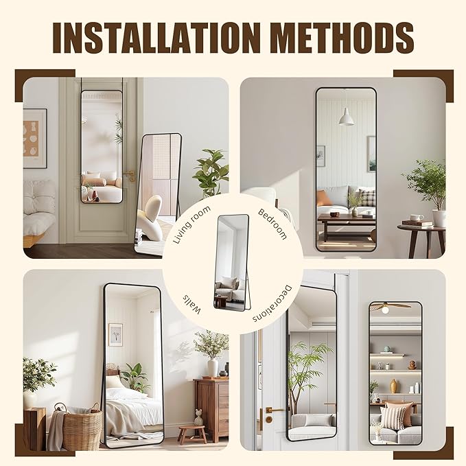 Antok Over The Door Mirror Full Length, 49'' x 14''Wall Mounted Hanging Mirror, Aluminum Alloy Frame, Shatterproof Glass, No Drill Installation for Bedroom, Closet, Bathroom, Dorm, Round Corner,Black