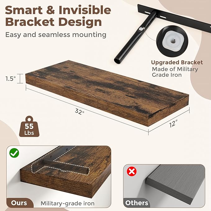 Fun Memories 32 Inch Brown Floating Shelves for Wall, 12 Inch Deep Shelves for Bathroom|Kitchen|Bedroom, Wall Mounted Rustic Wood Floating Shelf with Invisible Brackets for Books|Storage|Decor, 2 Pack