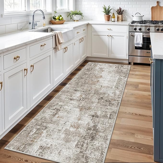 2x12 ft Long Hallway Runner Rug - Non-Slip Washable Soft Carpet Runners for Kitchen Hall Entryway Bathroom, Modern Abstract Neutral Low Pile Thin Stain-Resistant Floor Runner with Rubber Backing