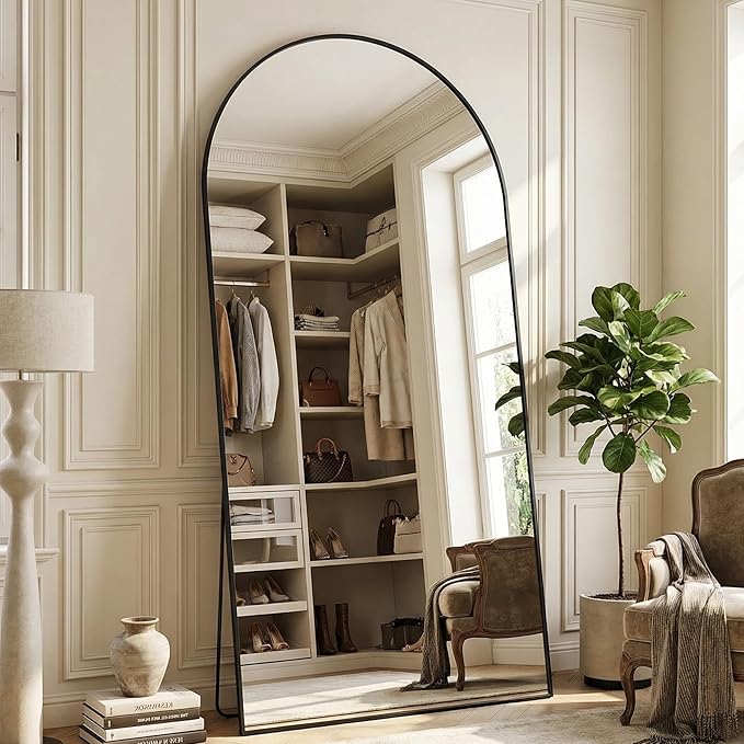 Suidia 88"x44" Arched Full Length Mirror with Stand, Full Body Mirror with Aluminum Frame, Freestanding/Leaning/Wall-Mounted, Floor Mirrors for Bedroom, Living Room, Entryway, Dressing Room, Black