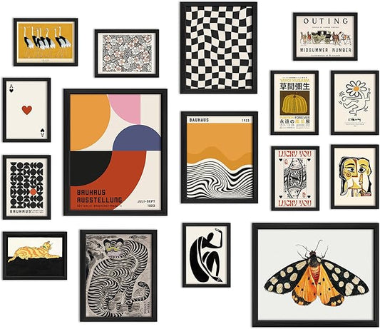 ANERZA 16 PCS Eclectic Wall Art Decor, Modern Maximalist Wall Prints for Bedroom, Bauhaus Posters for Room Aesthetic, Retro Abstract Wall Collage Kit for Living Room, Funky Dorm Gallery Home Decor
