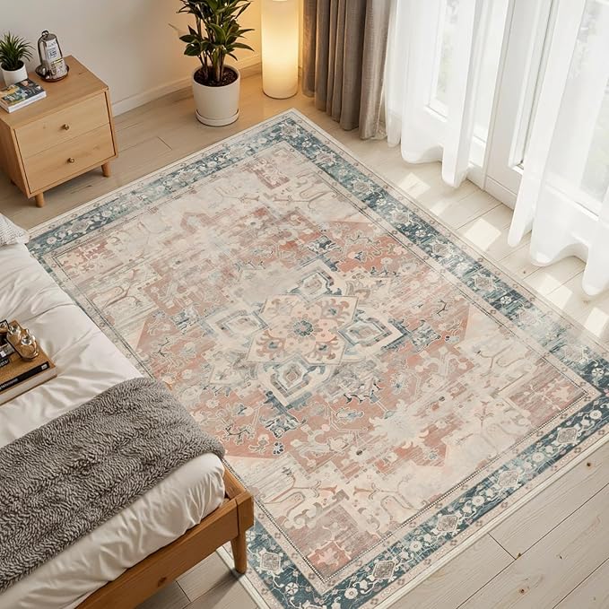 Rugxara 3x5 Orange Washable Entryway Rug, Non Slip Boho Runner Rugs for Hallway, Entrance, Kitchen, Bathroom, Laundry Room, Soft Entryway Carpet, Throw Low Pile Retro Imitation Wool Carpet, Coral
