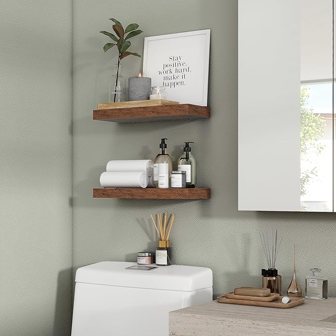 Heimlove 16 inch Brown Floating Shelves for Wall,6.7 inch Deep Small Bathroom Over Toilet Shelf,Wall Mounted Wood Shelves for Bedroom,Living Room,Kitchen,Office,Set of 2